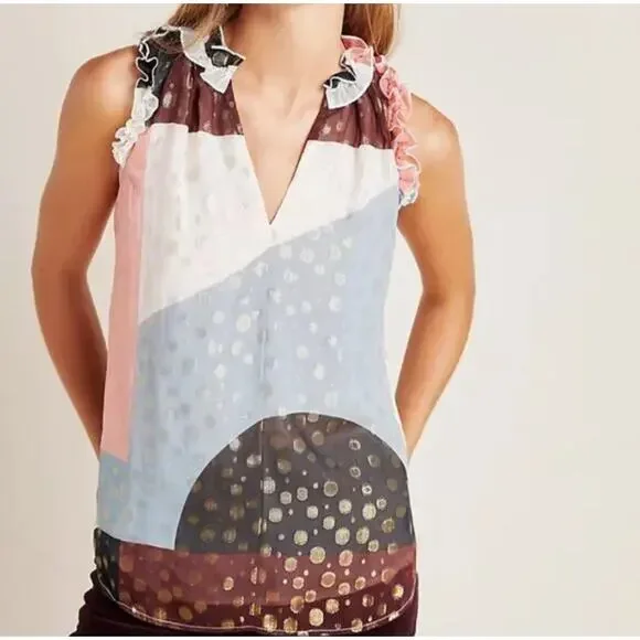 Anthropologie Fantasia Metallic Clip Dot Tank Black Sleeveless Sparkle Top 10 - Picture 1 of 7